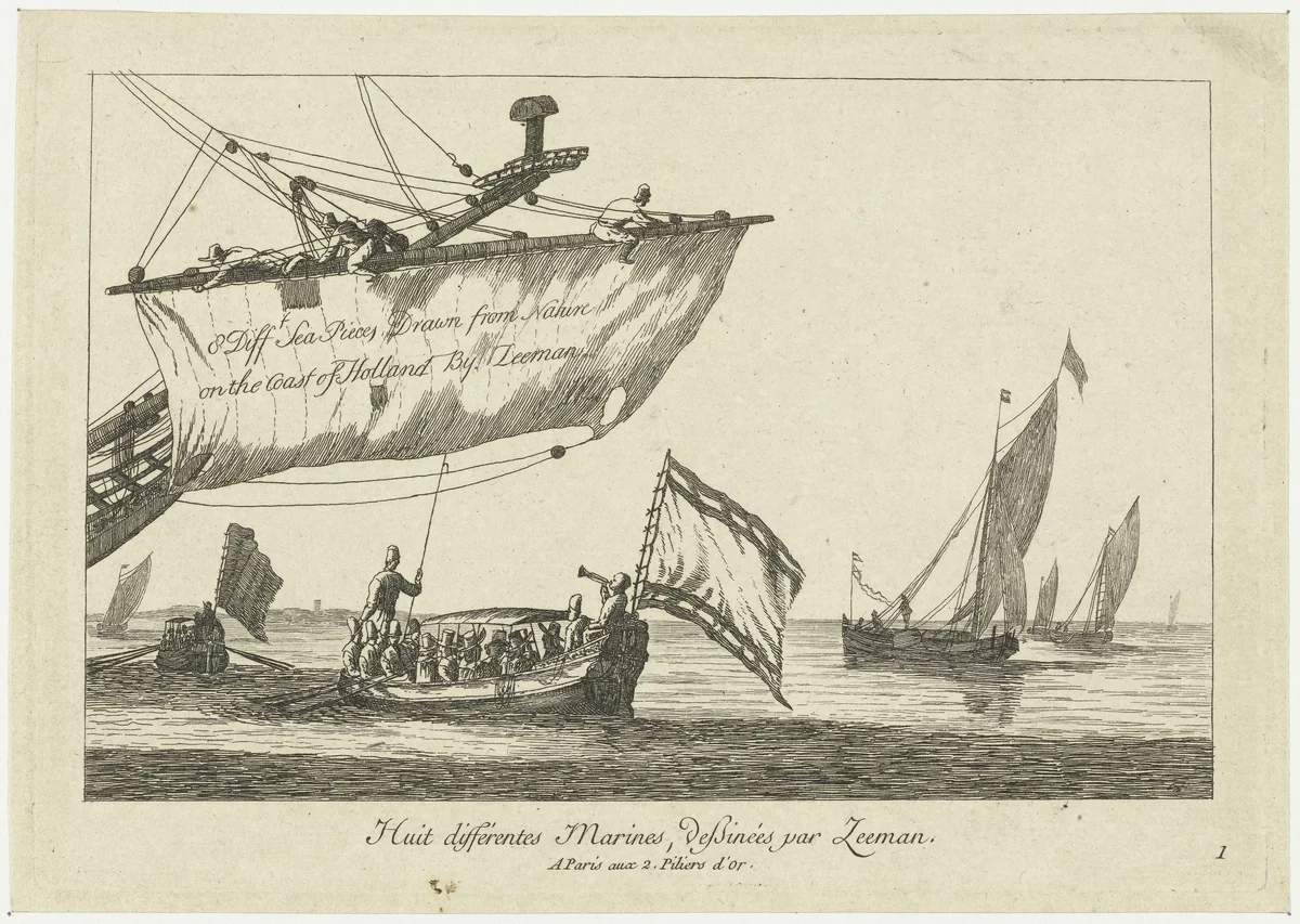Statensloep en zeilschepen op kalm water by anonymous, print, 1700-1799