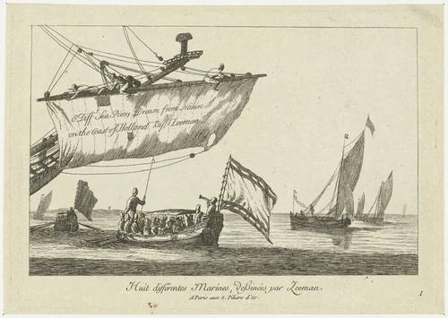 Statensloep en zeilschepen op kalm water by anonymous, print, 1700-1799