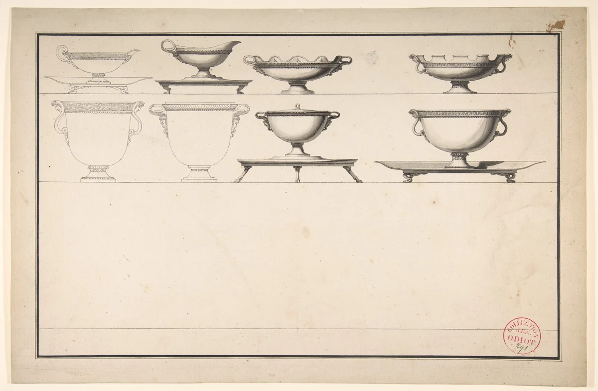 Studies of Eight Silver Pieces by Jean Guillaume Moitte, drawing, 1755-1810
