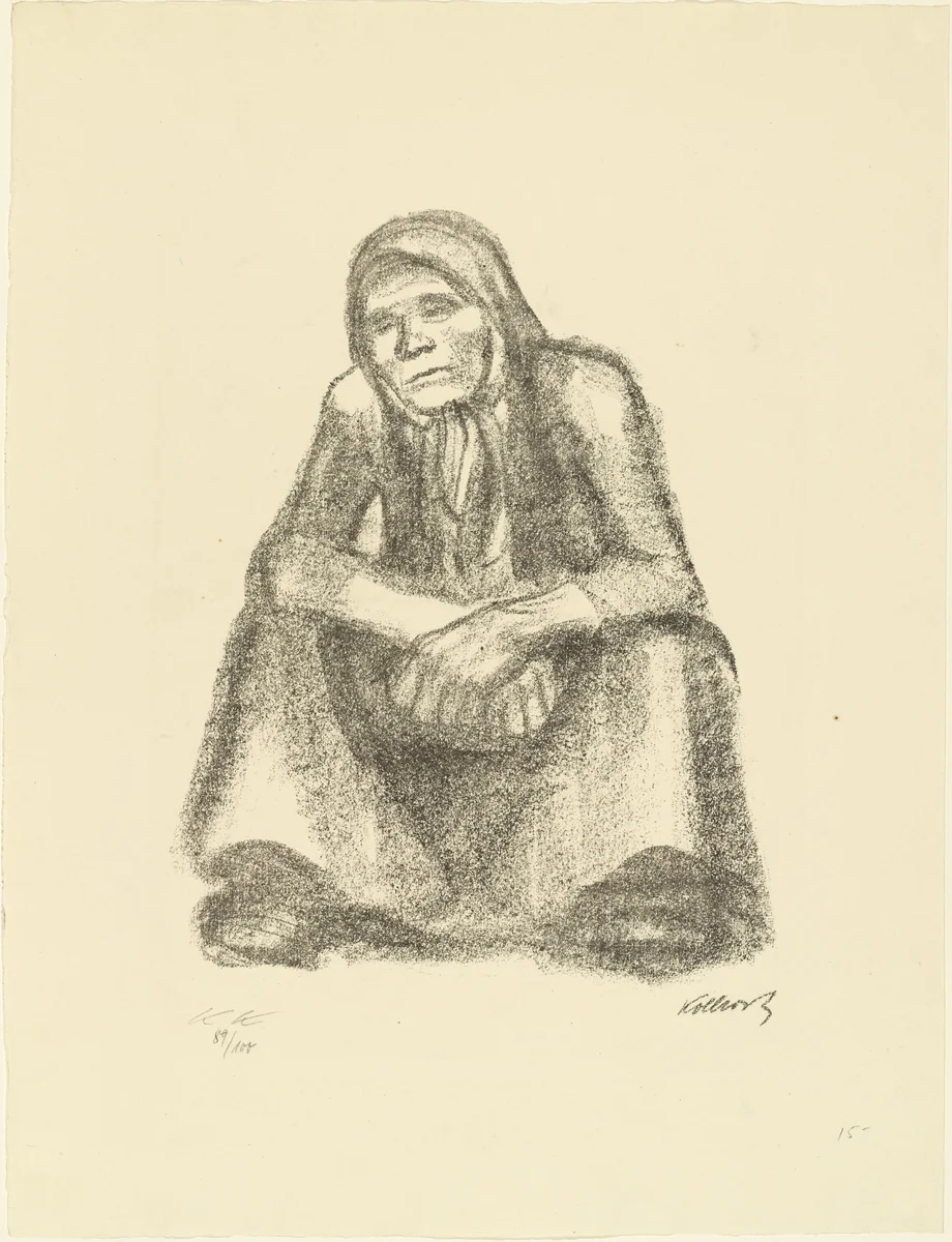 Frontal Crouching Woman with Crossed Hands (Hockende Frau von vorne mit übereinander gelegten Händen) from the portfolio Seventeen Lithographs (Siebzehn Steinzeichnungen) by Käthe Kollwitz, print, 1921