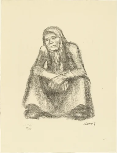 Frontal Crouching Woman with Crossed Hands (Hockende Frau von vorne mit übereinander gelegten Händen) from the portfolio Seventeen Lithographs (Siebzehn Steinzeichnungen) by Käthe Kollwitz, print, 1921