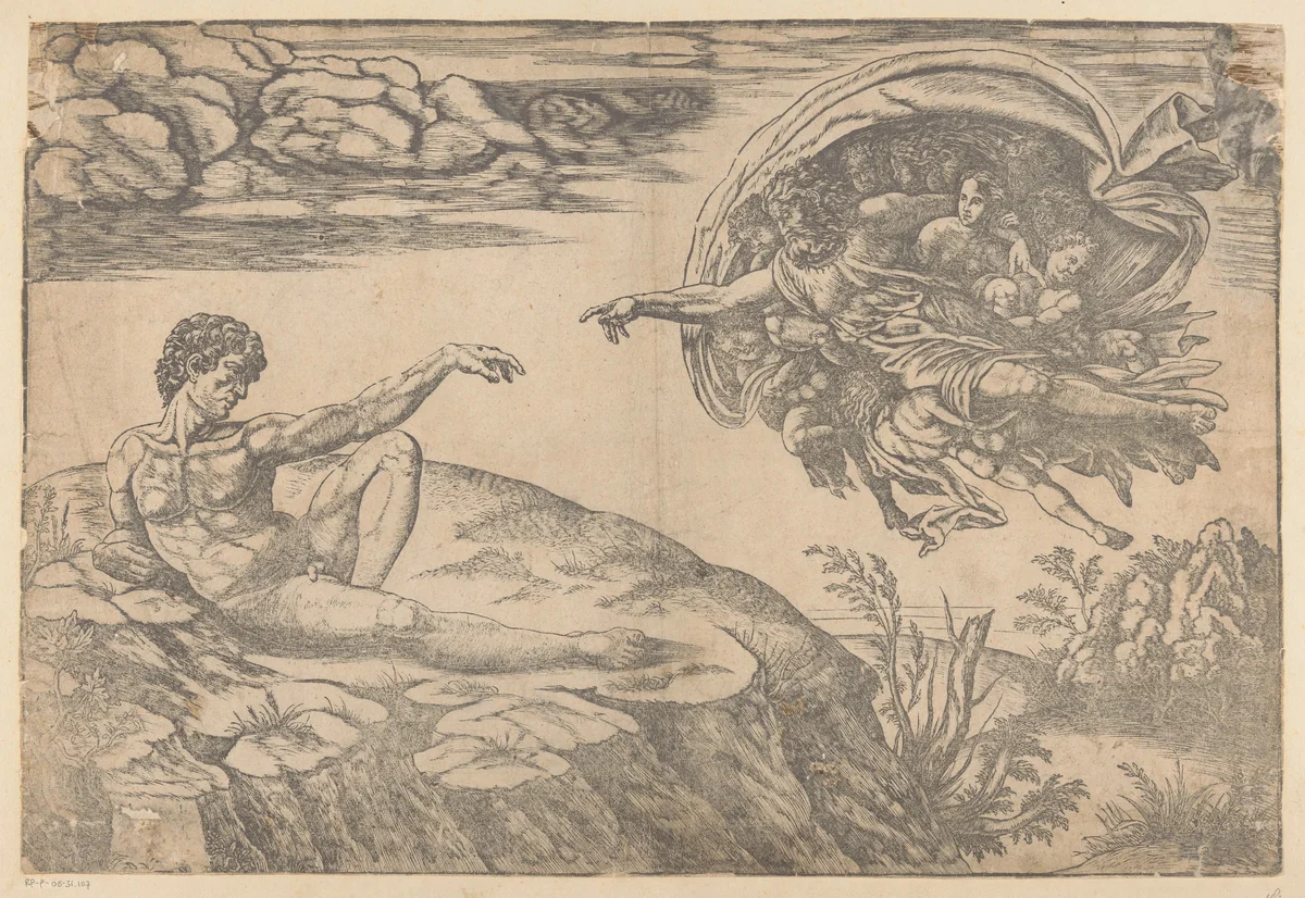 Schepping van Adam by Gaspare Ruina, print, 1530-1548