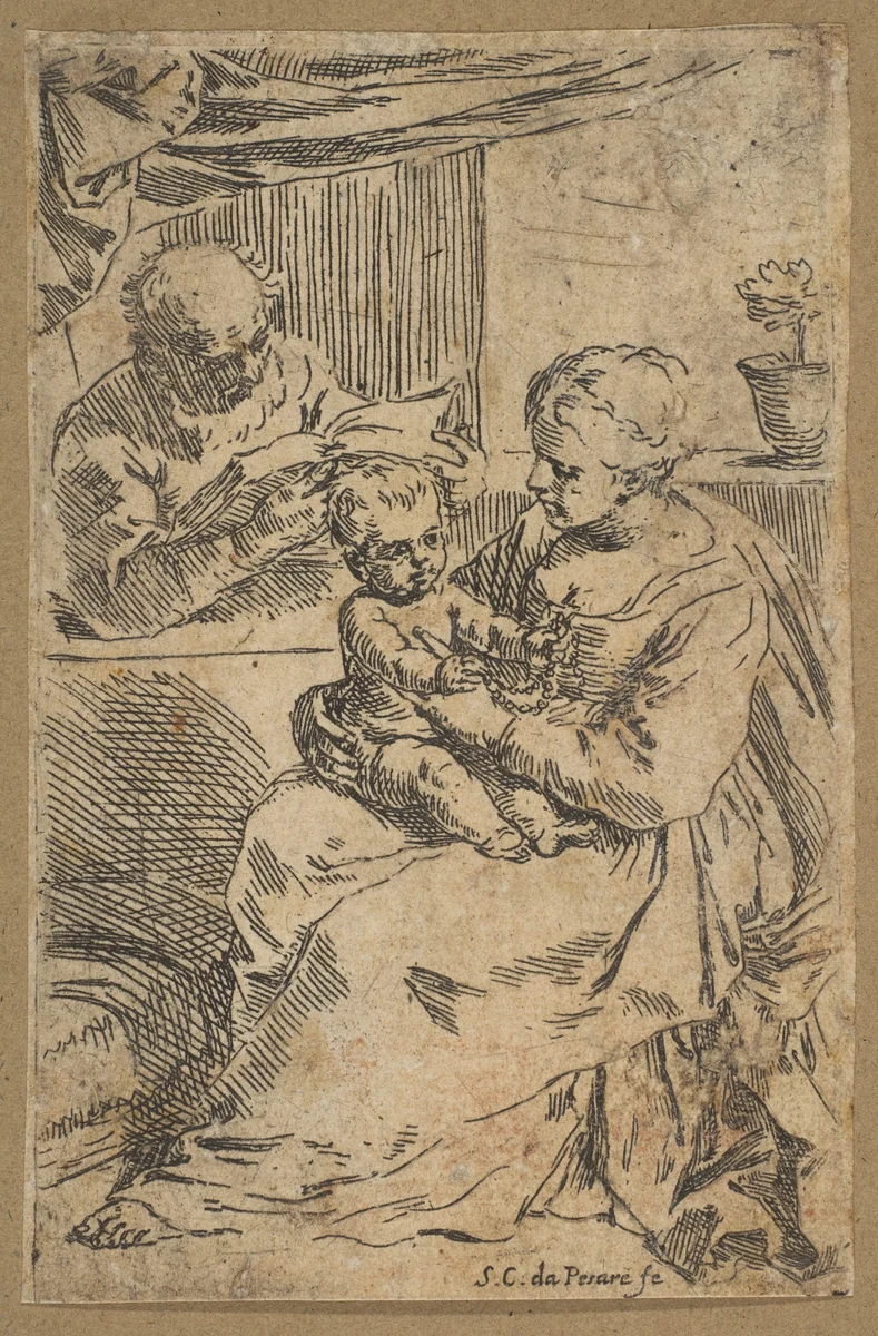 Holy Family with a rosary by Simone Cantarini, print, 1635-1647