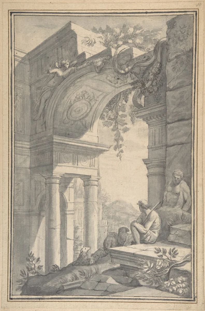 A Shepherd under a Ruined Arch with the Farnese Hercules by Johannes Antiquus, drawing, 1726-1750