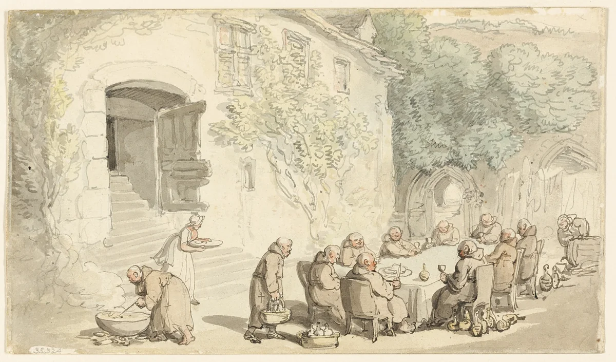 Monks Dining Outside (recto); Village Street (verso) by Thomas Rowlandson, painting, 1776-1827