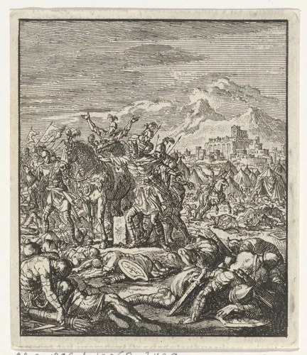 Hizkia vindt het verslagen leger van Sanherib by Jan Luyken, print, 1706