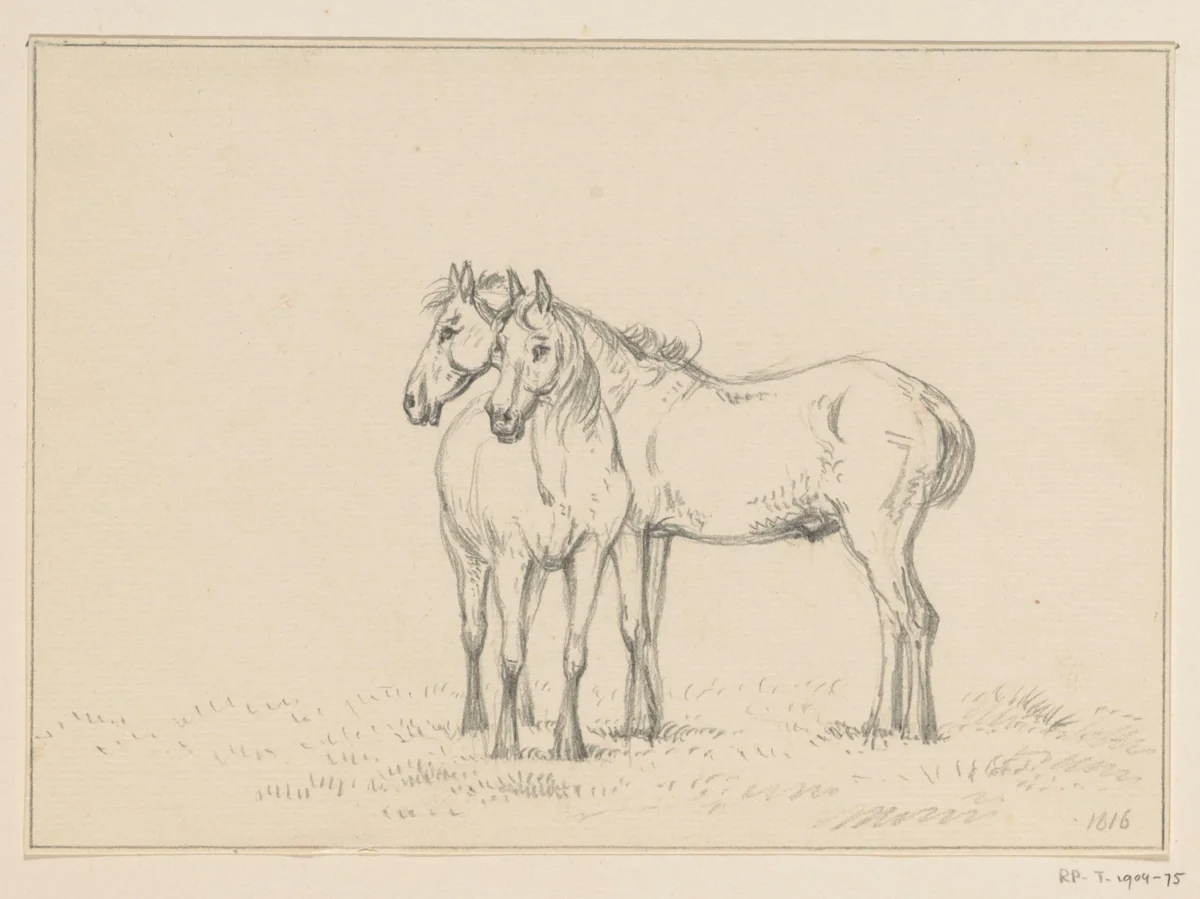 Twee bij elkaar staande paarden by Jean Bernard, drawing, 1816