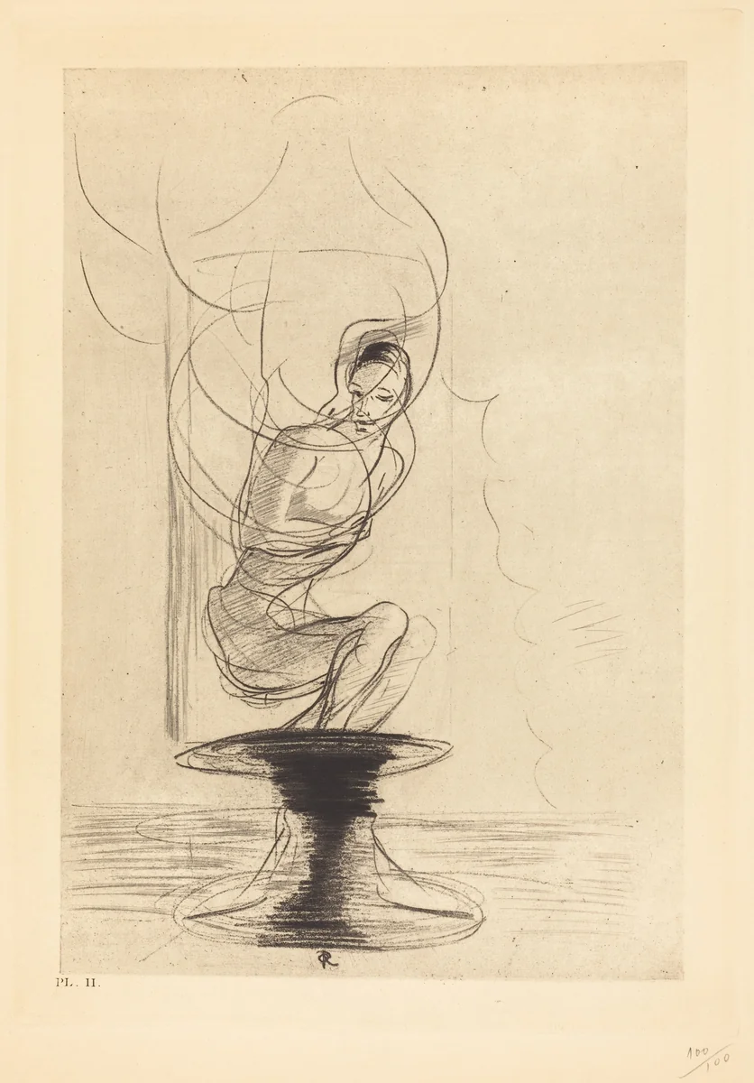 Parfois on trouve un vieux flacon qui se souvient, d'ou jaillit toute vive une ame qui revient (Sometimes one finds an old reminiscing flask, whence issues in full life a returning soul) by Odilon Redon, portfolio, 1890