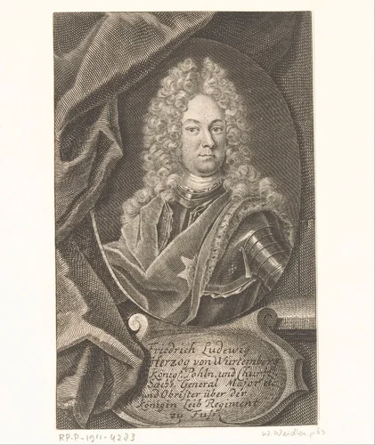 Portret van Friedrich Ludwig von Württemberg by Martin Bernigeroth, print, 1704-1731