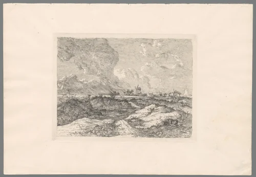 Landschap met twee windmolens te Norwich bij stormachtig weer by John Crome, print, 1834