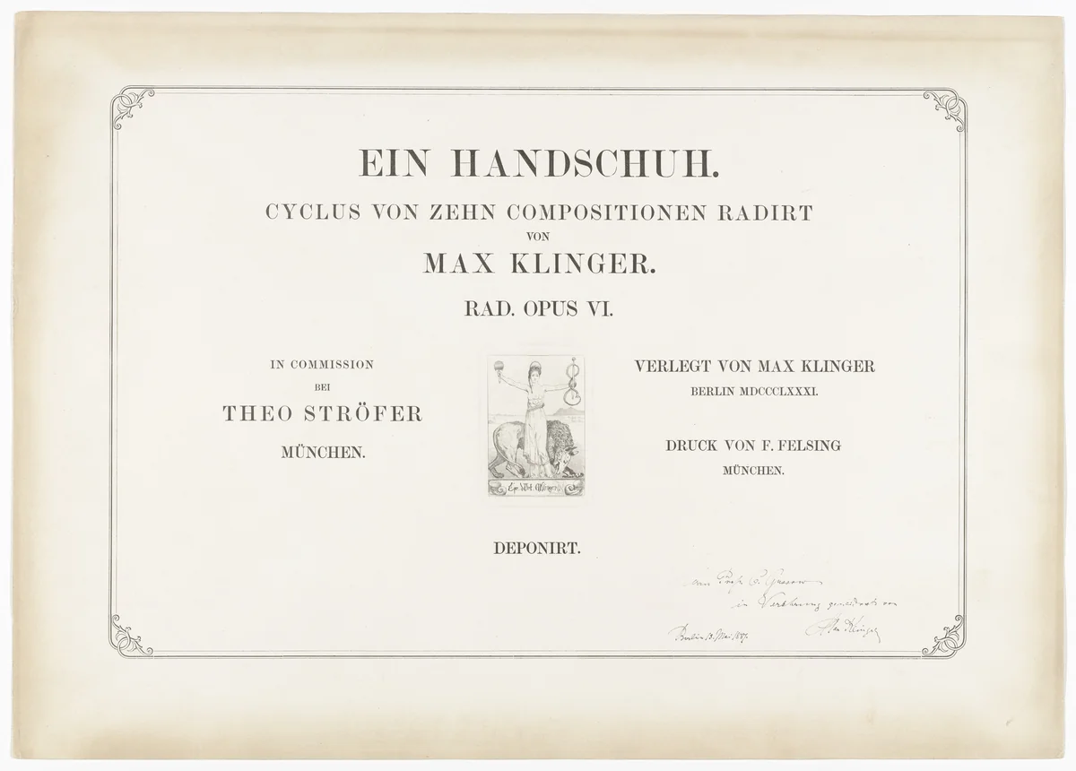 Vignette (in-text plate, title page) from A Glove, Opus VI (Ein Handschuh, Opus VI) by Max Klinger, print, 1881