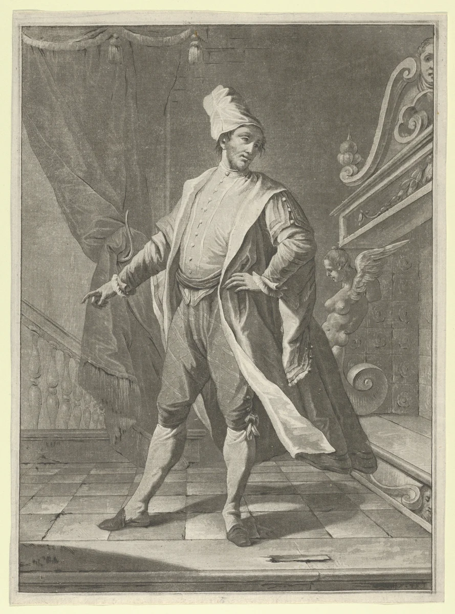 Man in Venetian costume standing before a large fireplace, right arm outstretched by anonymous, print, 1765-1775