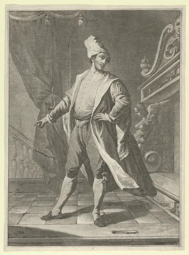 Man in Venetian costume standing before a large fireplace, right arm outstretched by anonymous, print, 1765-1775