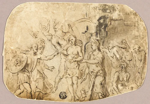Father Time Taking Maiden from Soldier by Unknown Artist, drawing, 1590-1709