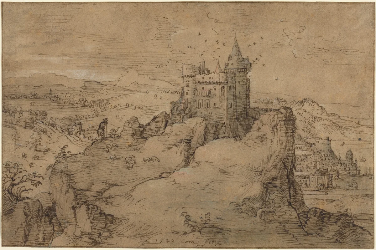 Landscape with Castle above a Harbor by Matthys Cock, drawing, 1540