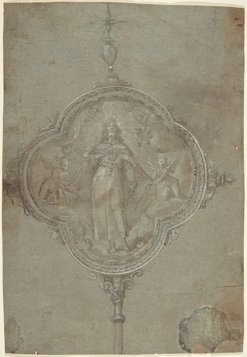 Drawing for a Standard with Christ in Glory Flanked by Putti by anonymous, drawing, 1500-1599