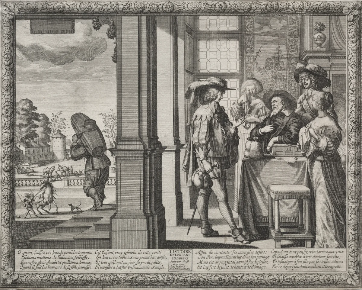 The Prodigal Son: The Prodigal Bidding His Parents Farewell by Abraham Bosse, print, 1635
