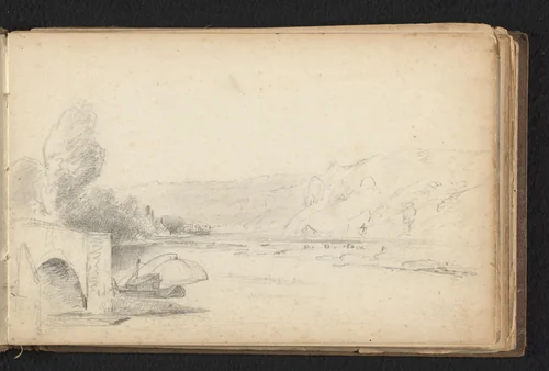 Heuvelig landschap met rivier by Jan Bedijs Tom, drawing, 1823-1894