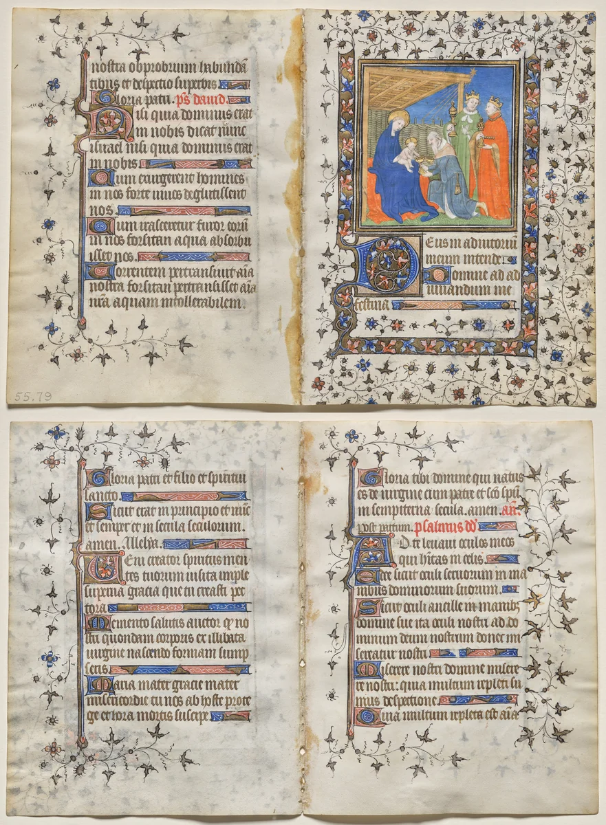 Bifolio from a Book of Hours: Adoration of the Magi (recto); Text (verso) by Boucicaut Master, manuscript, 1410-1420