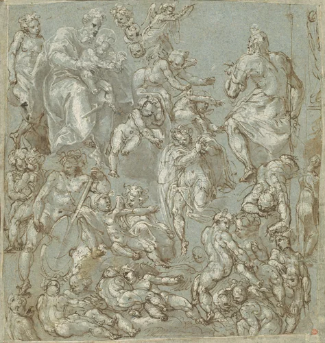 Saint Joseph and the Christ Child with Angels and Putti by Cesare Pollini, drawing, 1590-1600