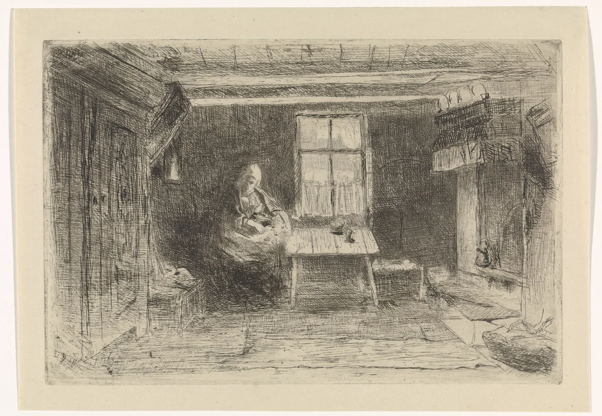 Interieur met moeder en kind by Jozef Israëls, print, 1835-1911