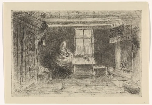 Interieur met moeder en kind by Jozef Israëls, print, 1835-1911