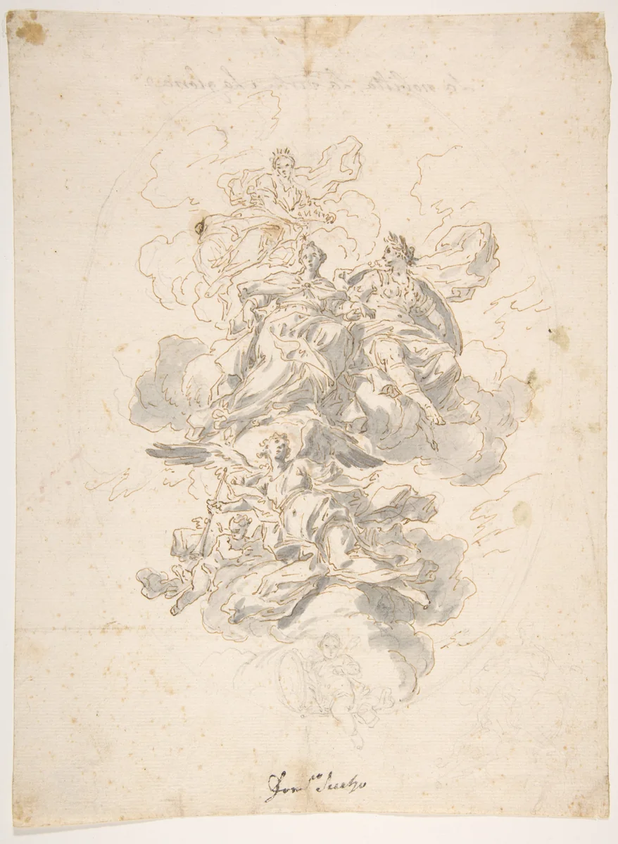 Group of Allegorical figures: Sketch for a Ceiling Decoration ? by Francesco Solimena, drawing, 1657-1747