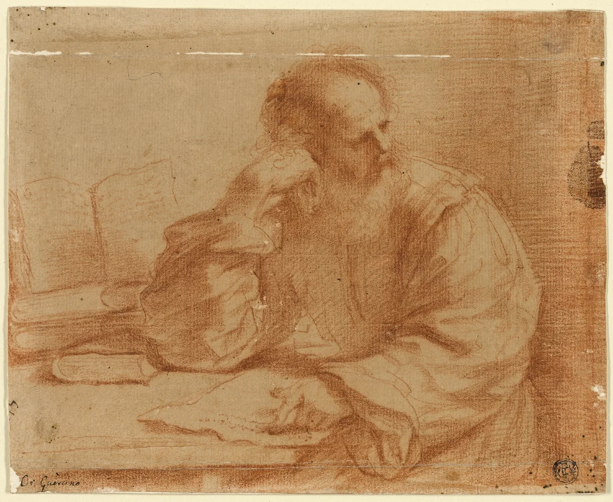 Bearded Man Seated at Table by Guercino, drawing, 1650-1659