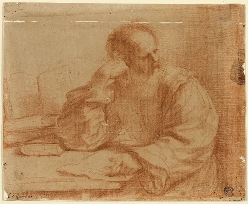 Bearded Man Seated at Table by Guercino, drawing, 1650-1659
