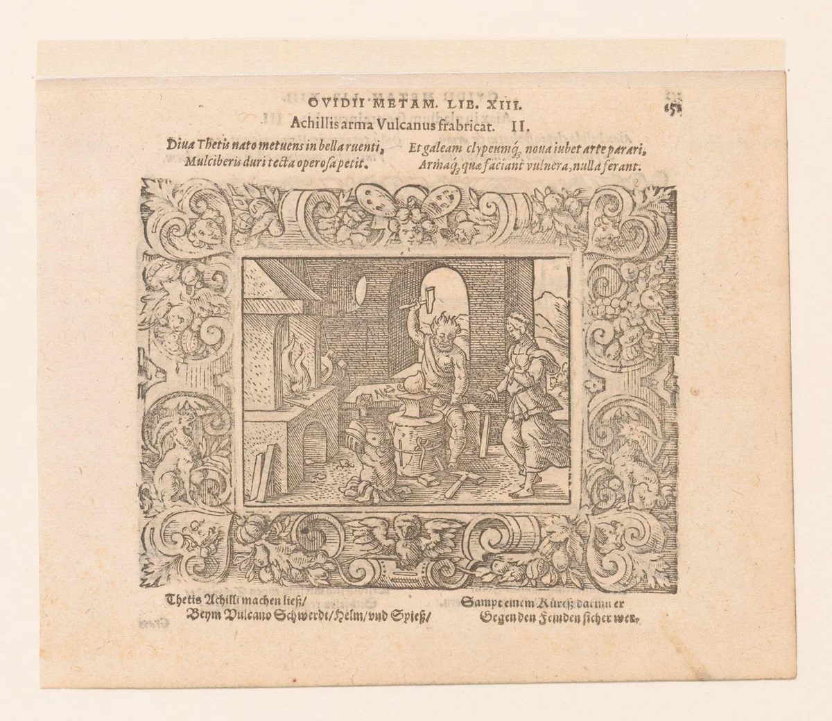 Vulcanus maakt de wapenrusting van Achilles by Virgilius Solis, print, 1569