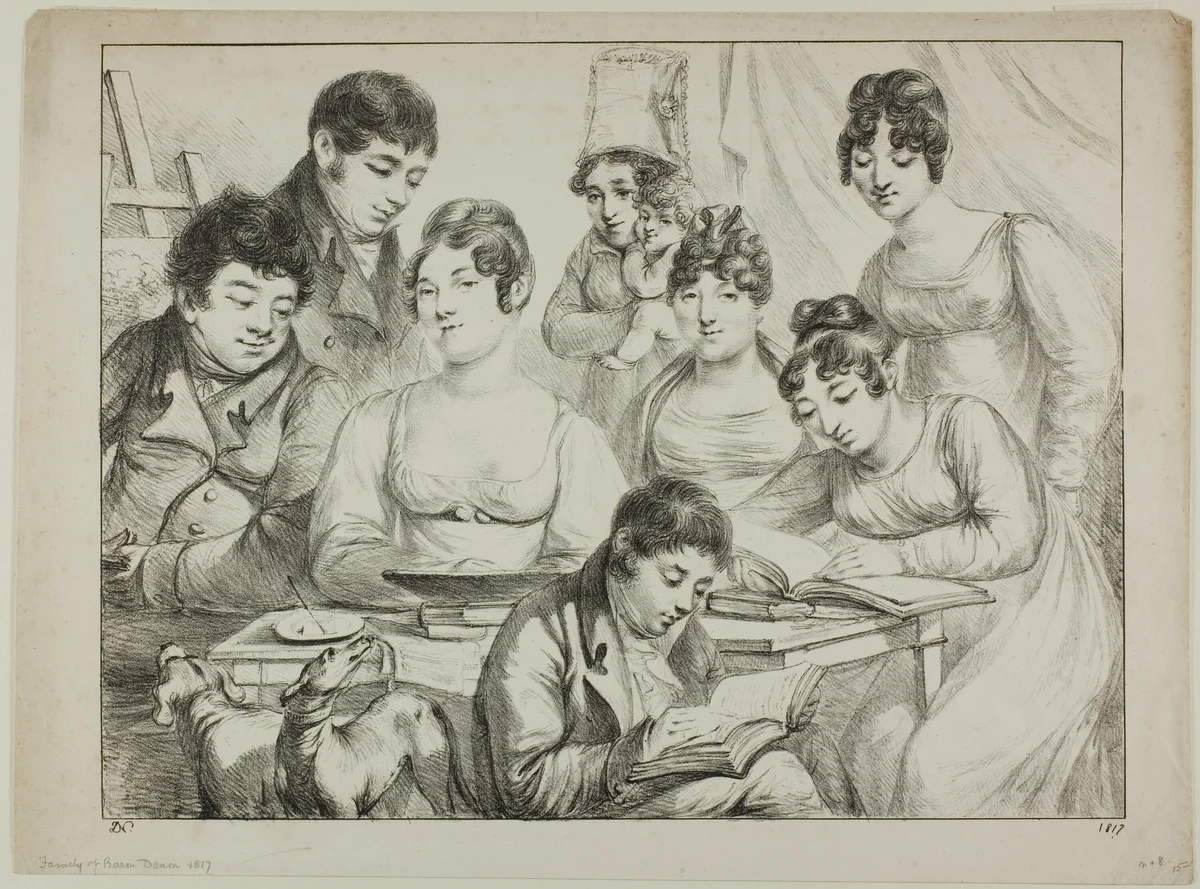 Conversation, a Family Drawing and Reading, the Nurse Holding an Infant, a Portrait of Prince Edmond de Beauvau Behind a Chair, and Portraits of Madame Lavallée and Madame Vallory, Both Seated by Dominique Vivant Denon, print, 1817