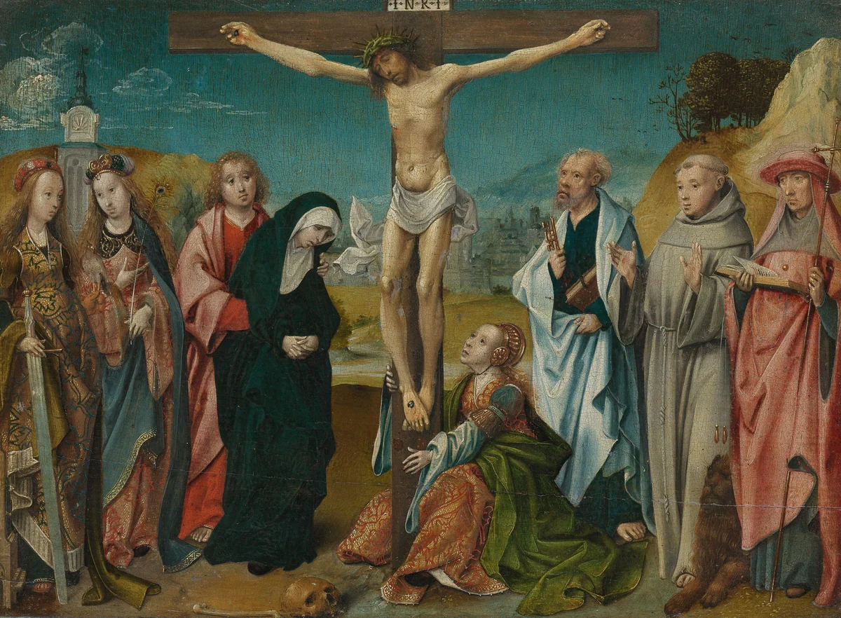 Christ on the Cross, with Mary, John, Mary Magdalene and Sts Cecilia and Barbara (left) and Peter, Francis and Jerome (right) by Cornelis Engebrechtsz, painting, 1505-1510