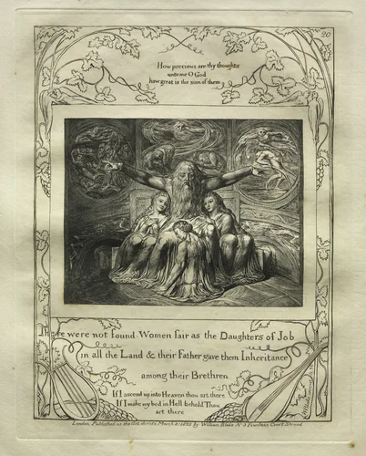 The Book of Job: Pl. 20, There were not found Women fair as the Daughters of Job / in all the Land by William Blake, print, 1825