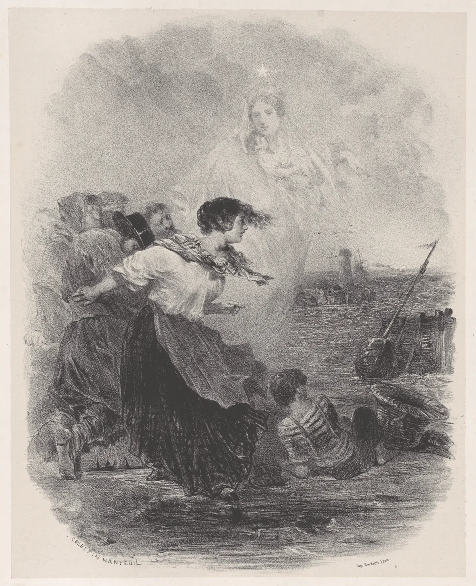 Woman by the Sea with the Madonna, Pointing to a Ship by Célestin Nanteuil, print, 1843-1867