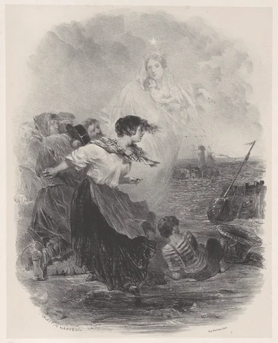 Woman by the Sea with the Madonna, Pointing to a Ship by Célestin Nanteuil, print, 1843-1867