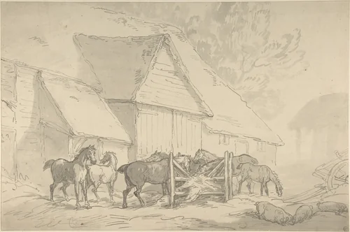 Stable Yard with Horses by Thomas Rowlandson, drawing, 1784-1795