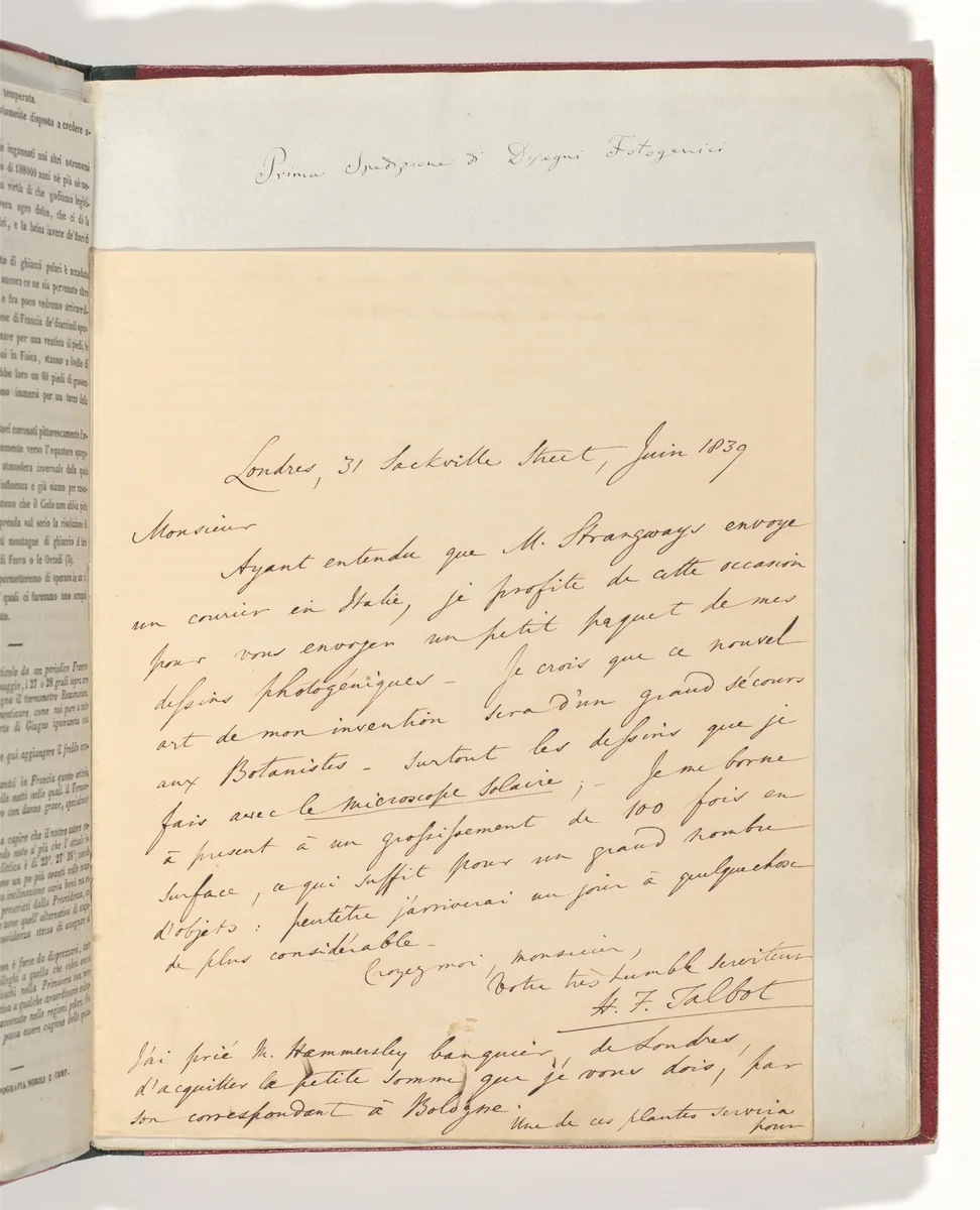 [Manuscript Letter from W. H. Fox Talbot to Antonio Bertoloni] by William Henry Fox Talbot, manuscript, 1839