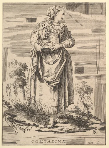 Reverse copy of Contadina, Recueil de diverses fig.res étrangeres Inventées par F. Boucher P.tre du Roy et Gravées par F. Ravenet (Collection of Various Foreign Figures, Devised by F. Boucher, Painter of the King and Engraved [etched] by F. Ravenet), plate 7 by Simon Ravenet, print, 1720-1799