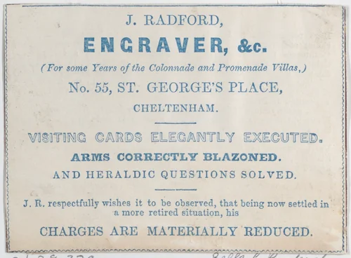 Trade Card for J. Radford, Engraver by anonymous, print, 1800-1900