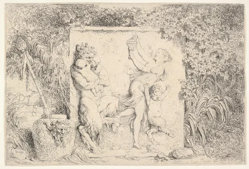 A bas-relief depicting a satyr at left holding two infants, another child satyr to right, dancing to the sound of the sistrum played by the woman in center, around the relief, a vase decorated with the head of a satyr, plants, and a thyrsus, from "Four Bacchanalia" (Quatre Bacchanales) by Jean Honoré Fragonard, print, 1763