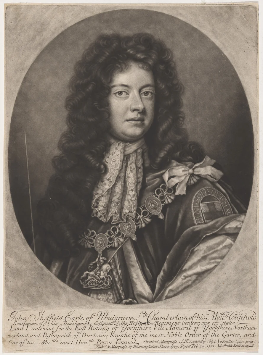 John Sheffield, Third Earl of Mulgrave, FirstDuke of Buckinghamshire by John Smith, Sir Godfrey Kneller, print, 1652-1742