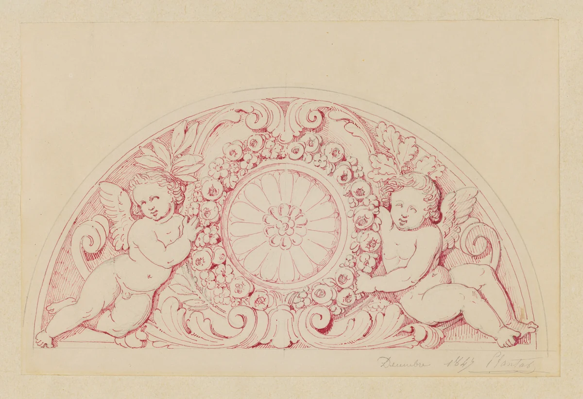 Design for an Overdoor with Two Putti on either side of a Rosette by Jean-Baptiste Louis Plantar, drawing, 1840-1880