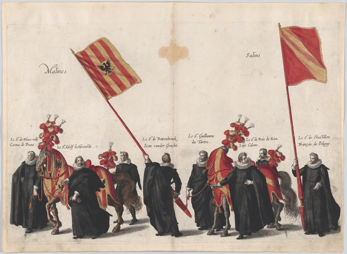 Plate 33: Men with heraldic flags and horses from Mechelen and Salins marching in the funeral procession of Archduke Albert of Austria; from 'Pompa Funebris ... Alberti Pii' by Cornelis Galle, print, 1623