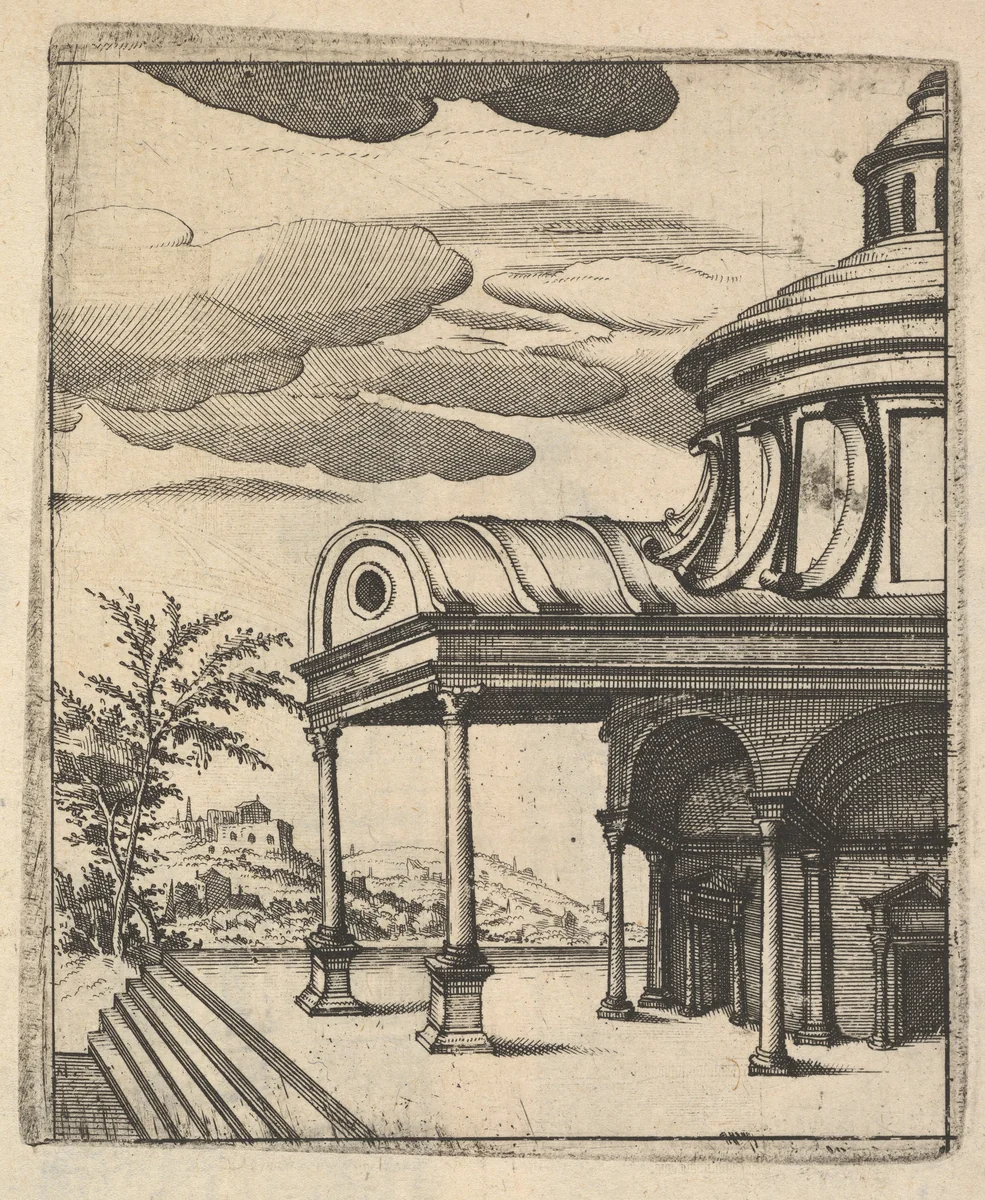 Partial view of a Building [Tem Ro Penatibus Dicatu] from the series 'Ruinarum variarum fabricarum delineationes pictoribus caeterisque id genus artificibus multum utiles' by Lambert Suavius, book, 1554