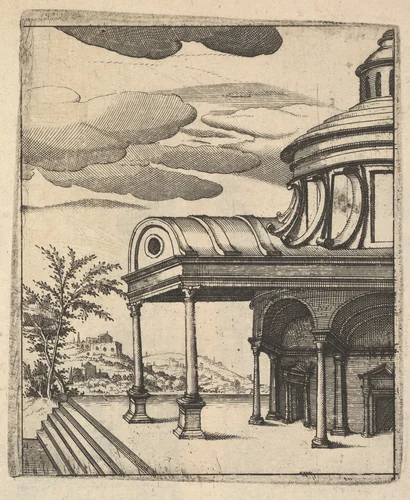 Partial view of a Building [Tem Ro Penatibus Dicatu] from the series 'Ruinarum variarum fabricarum delineationes pictoribus caeterisque id genus artificibus multum utiles' by Lambert Suavius, book, 1554