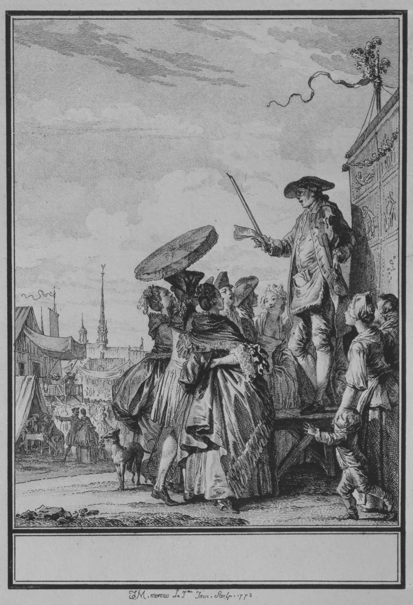 La Foire de Gonesse, from Choix de chasons mises in musique par M. De La Borde, Premier Valet-de-Chambre ordinaire du Roi, Gouverneur du Louvre. Ornées d'Estampes Par J.M. Moreau, Dédiées à Madame la Dauphine. A Paris Chez de Lormel, Imprimeur de l'Academie Royale de Musique rue du Foin Siant-Jacques. MDCCLXXIII. Avec Aprobation et Privilège du Roi. Gravées par Moria et M.lle Vendôme by Jean Michel Moreau le Jeune, print, 1772