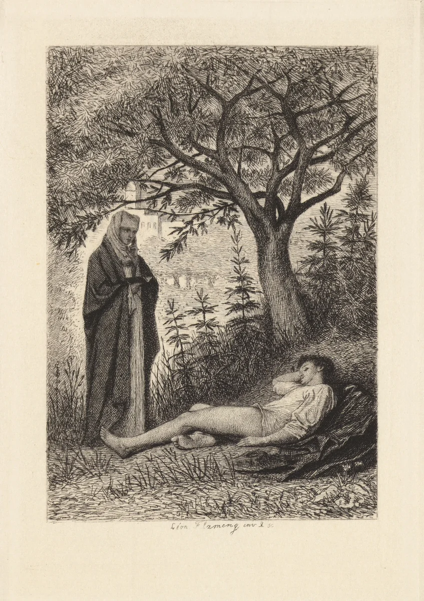 Le Jardinier du Couvent, plate 3 from "The Decameron" by Léopold Flameng, print, 1868-1878