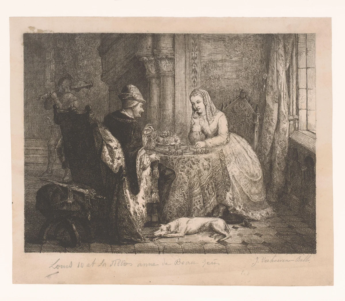 Lodewijk XI en zijn dochter Anna van Beaujeu spelen schaak by Adrien Joseph Verhoeven-Ball, print, 1866