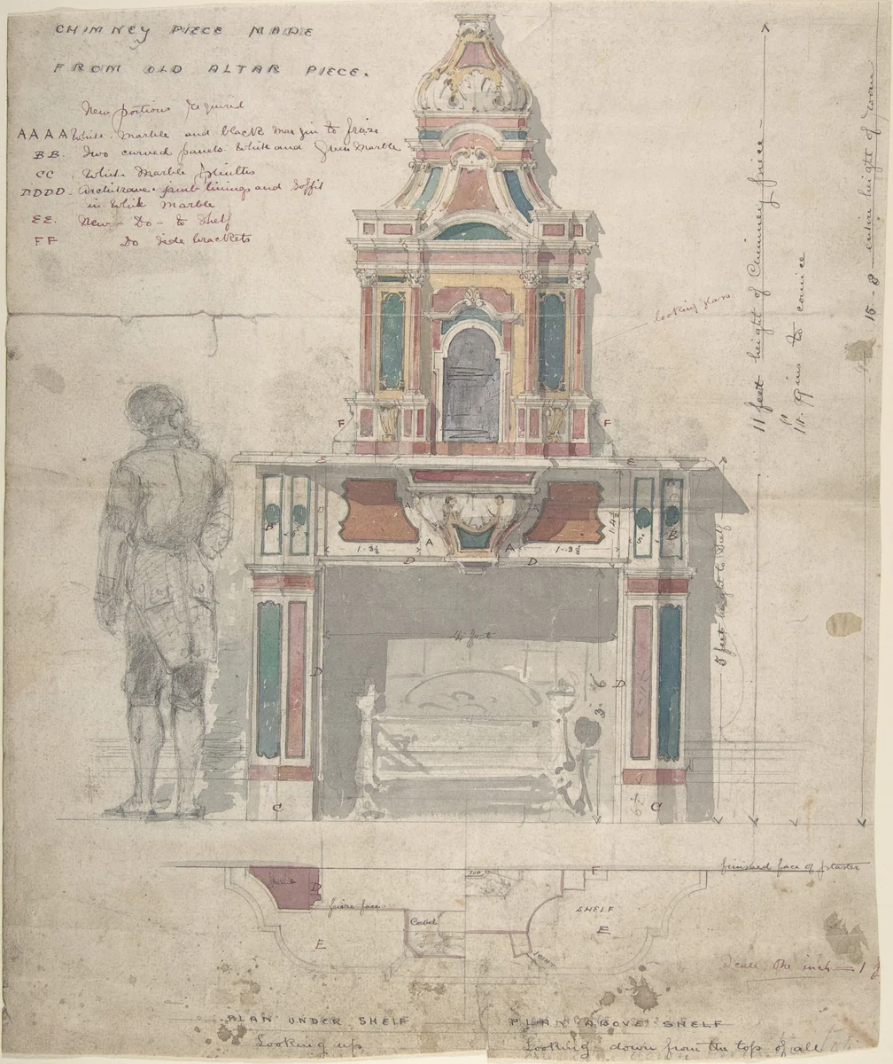 Design for a Chimneypiece Made from an Old Altarpiece by anonymous, drawing, 1800-1900