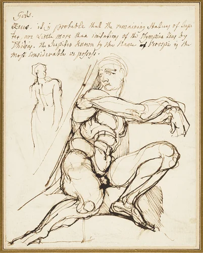 Study of Ignudo in Sistine Chapel, Rome (recto); Paraphrase of the Ignudo Seated to Upper Right of Prophet Jeremiah in Chapel, Rome (verso) by Henry Fuseli, drawing, 1795-1805